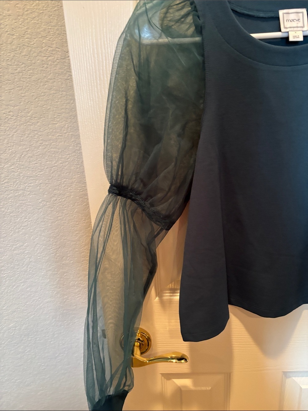 Anthropologie Maeve Teal Mixed-Media Knit Top Sheer Organza Puff Sleeve sz S - Picture 4 of 5